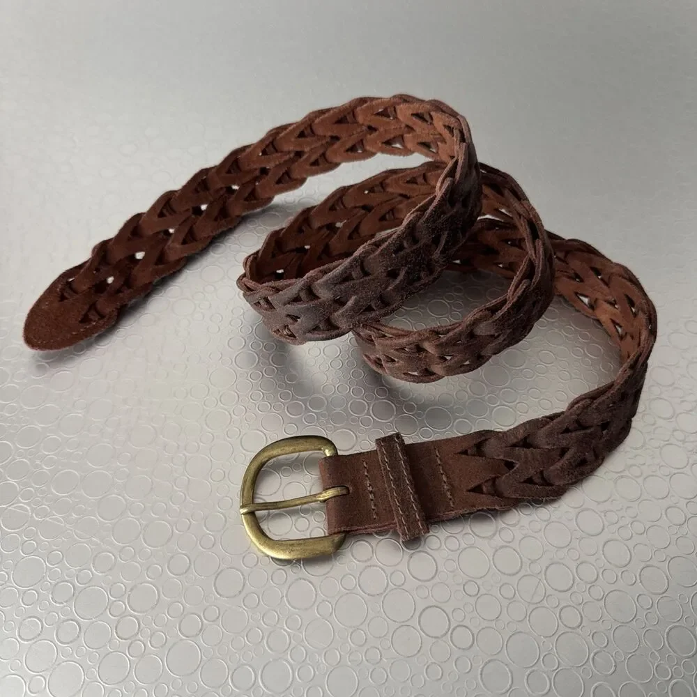 Vintage Mexico Braided Leather Belt 42 Mens Brown Wide Open Weave Brass Chevron
